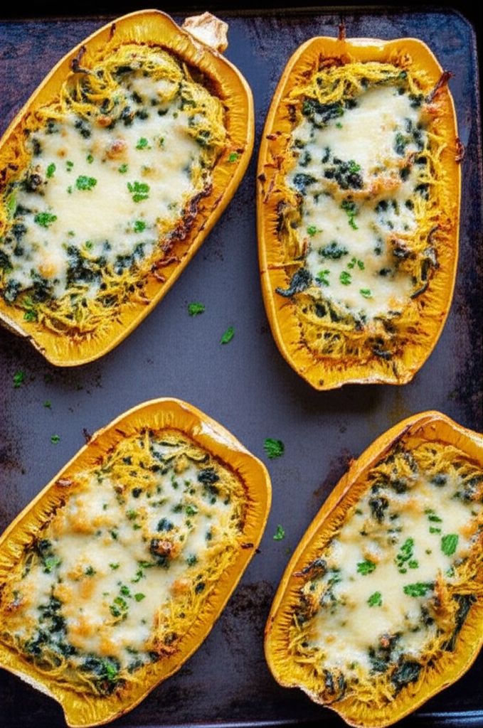 Cheesy Roasted Garlic Spaghetti Squash with Spinach