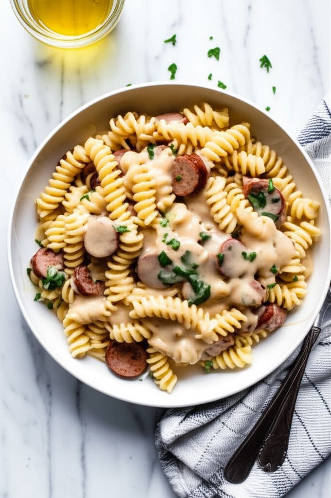 Garlic Sausage and Pasta in a Bechamel Sauce