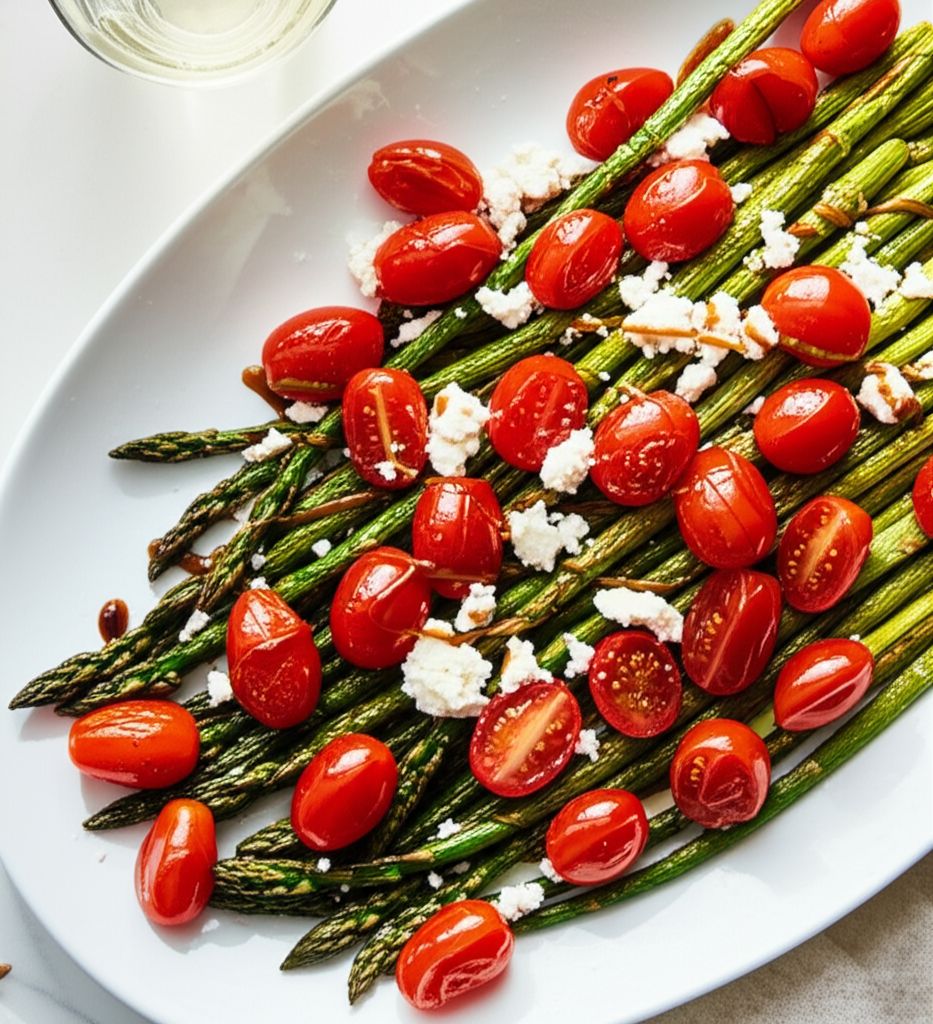 Air Fryer Asparagus and Tomatoes with Balsamic Drizzle