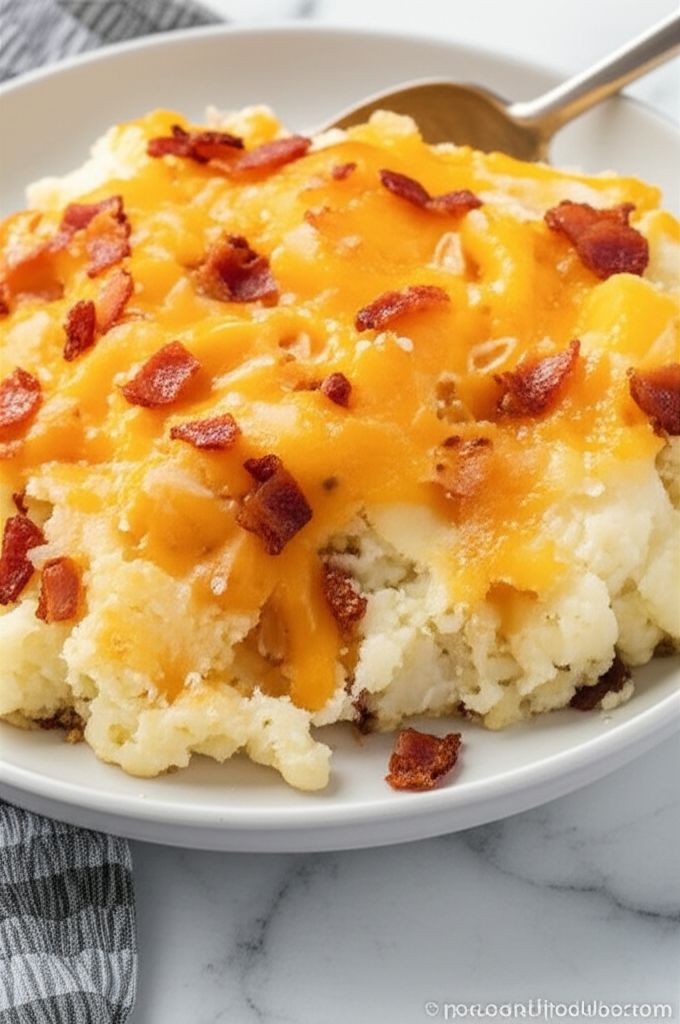 Garlic Mashed Potatoes with Roasted Garlic Cheddar and Bacon