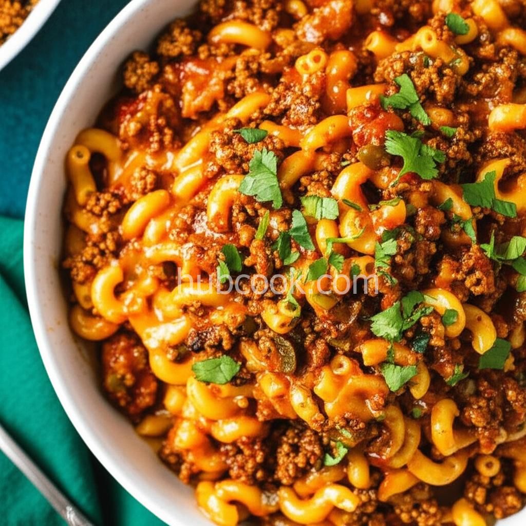 Macaroni and Cheese with Ground Beef, Salsa and Green Chiles