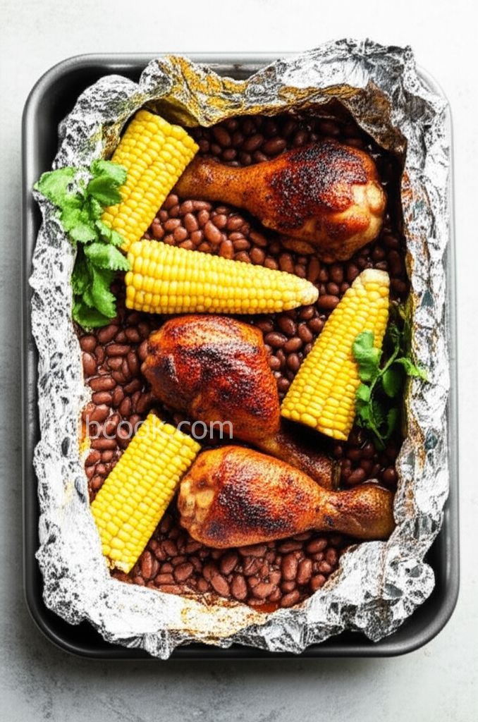 Foiled BBQ Chicken with Corn on the Cob and Pinto Beans