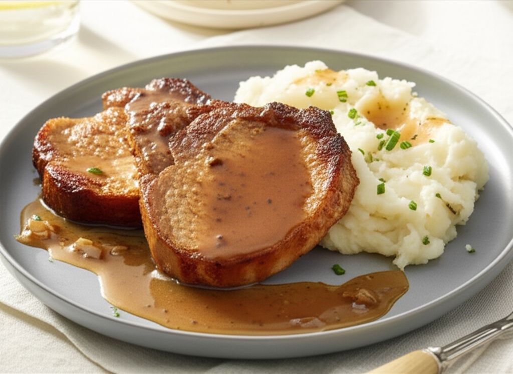 Pork Chops with Oniony Mashed Potatoes and Cider Gravy