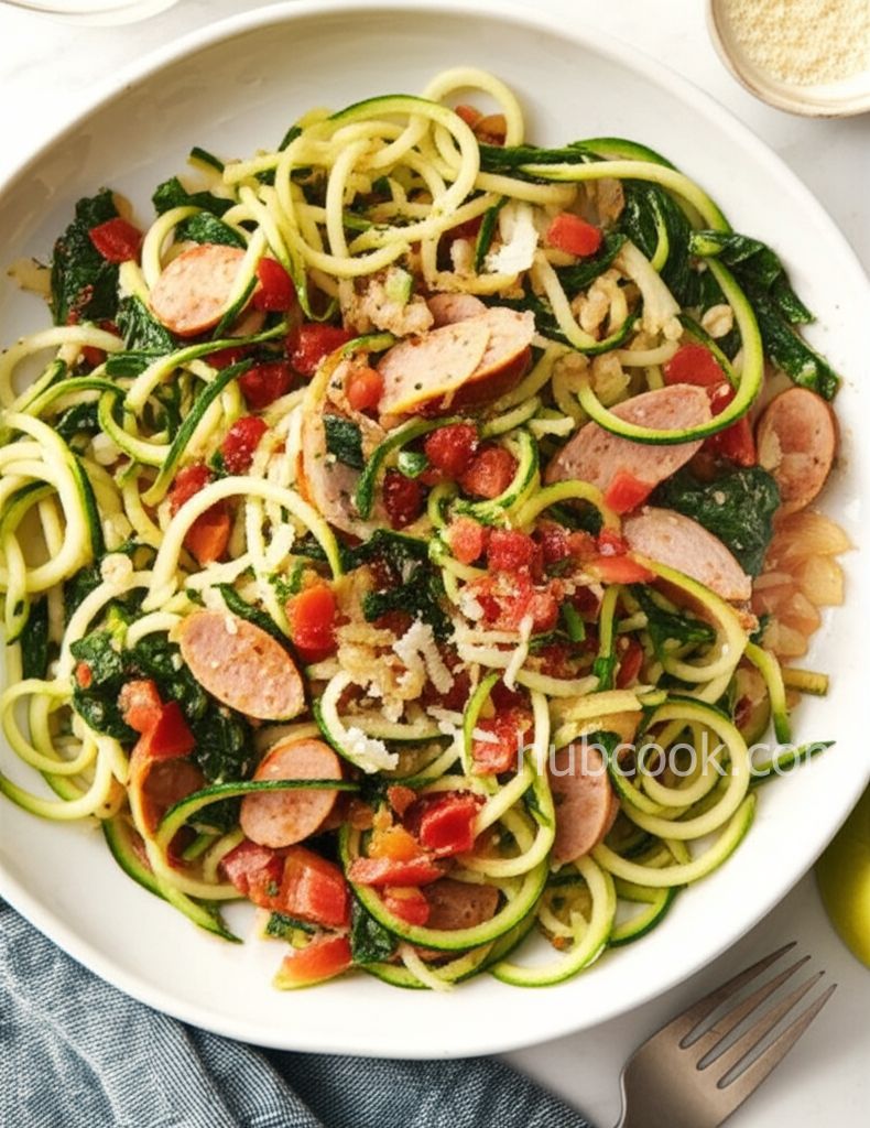 Zucchini Noodles and Summer Vegetables with Sweet Pepper Chicken Sausage