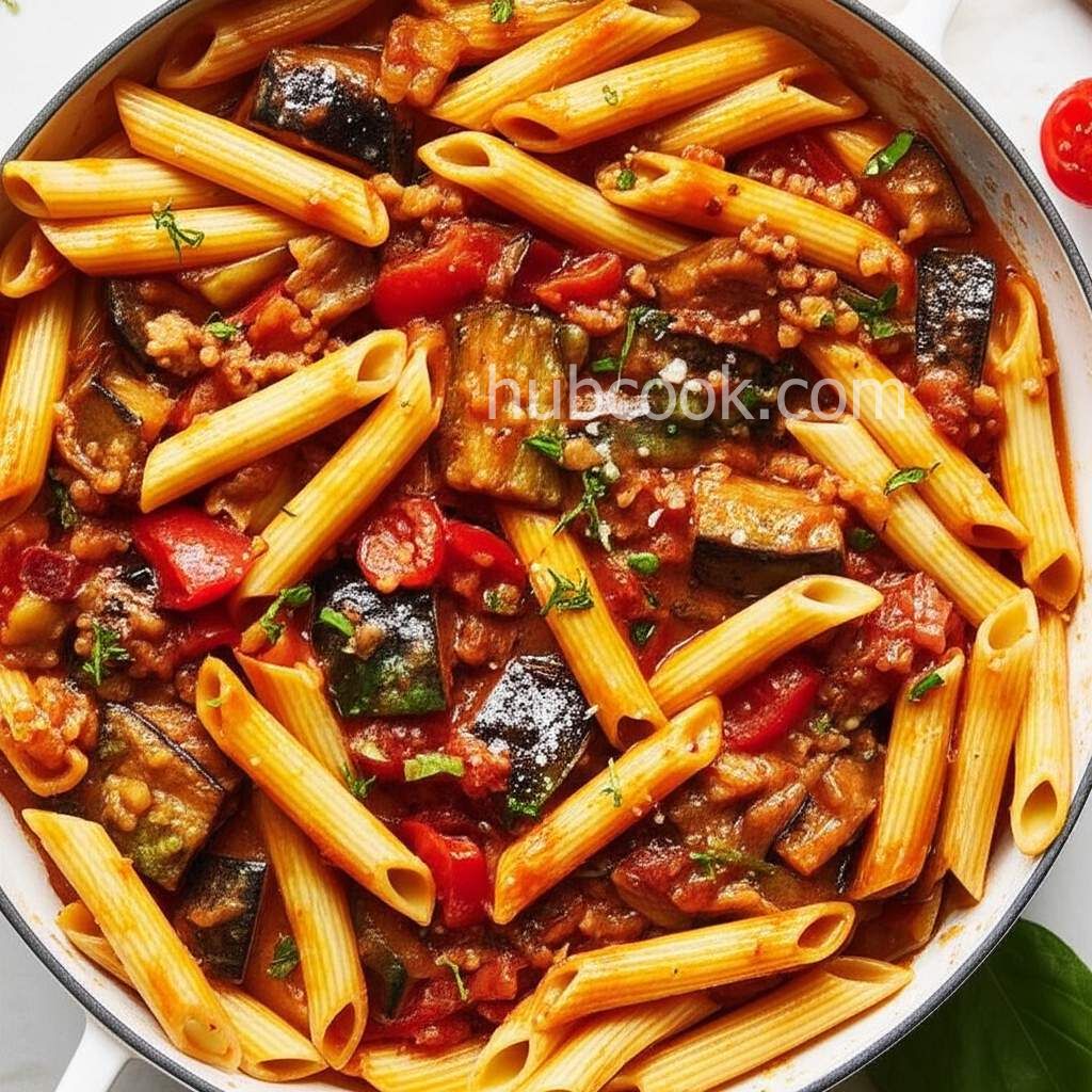 Spicy Eggplant and Pasta with Pancetta