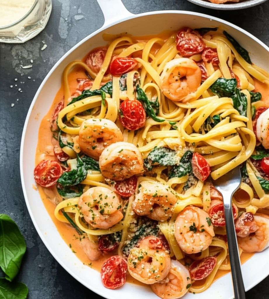 Fettuccine with Shrimp, Tomatoes, and Spinach Cream Sauce