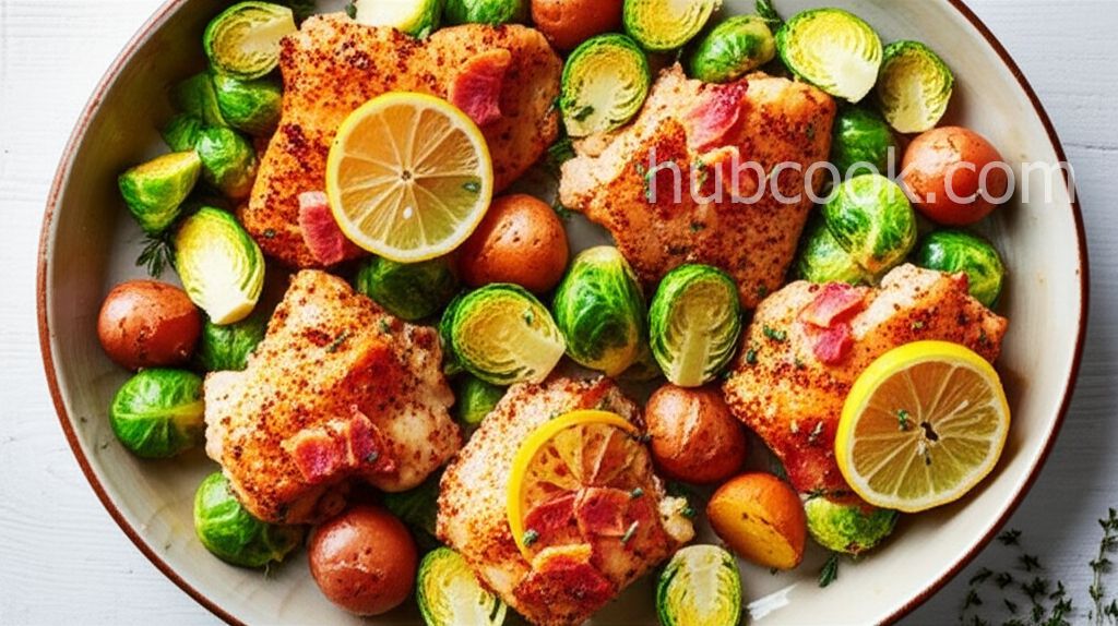Pan-Roasted Chicken with Lemon-Garlic Brussels Sprouts and Potatoes