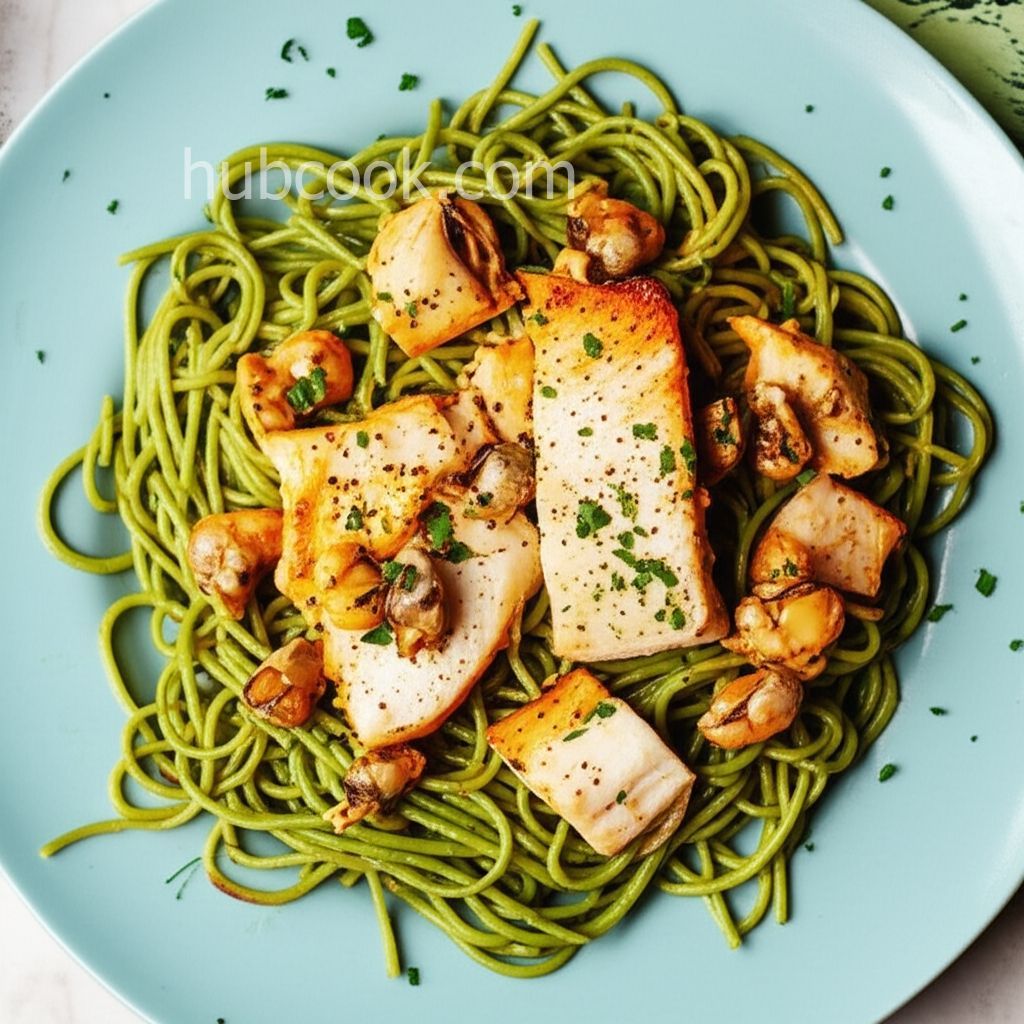 Escargot and Pollock over Spinach Noodles