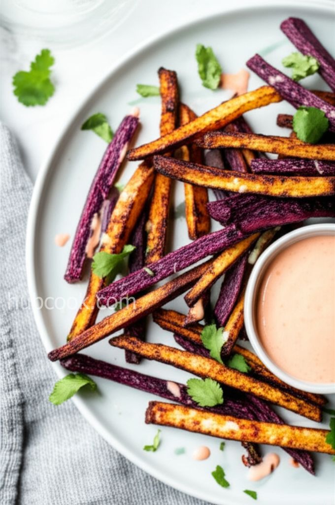 Air-Fried Purple Yam Fries with Sour Cream Sriracha Sauce