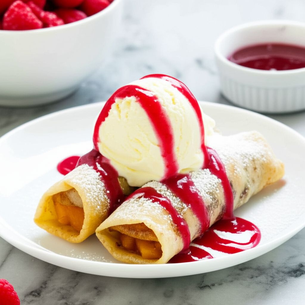Quick and Easy Peach Pie Egg Rolls with Raspberry Sauce