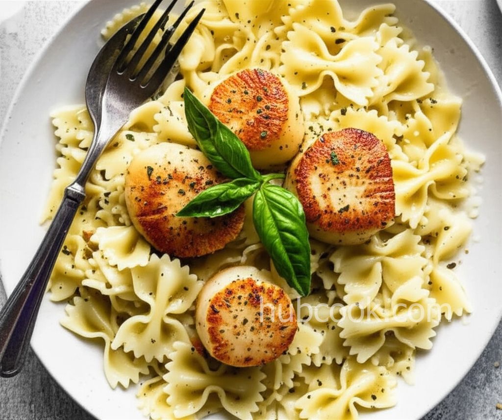 Basil Pan-Seared Scallops over Pasta